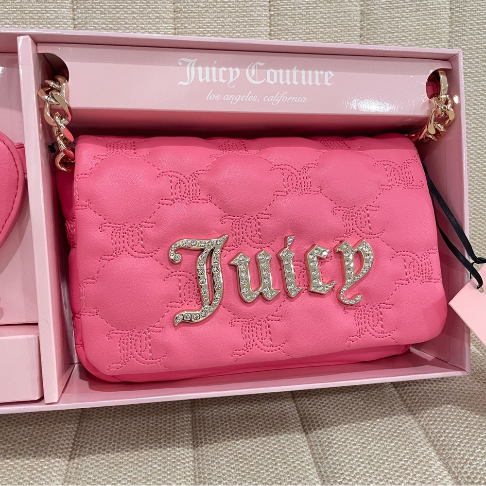 NEW Juicy Couture Pink Quilted Crossbody Bag Rhinestone Logo Mirror Keychain Set - Picture 6 of 12
